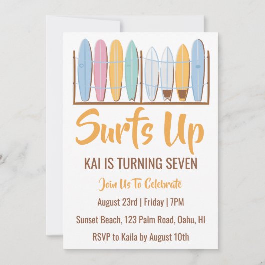 Surfen Surfen Strand Verjaardagsfeestuitnodigingen Kaart (Voorkant)