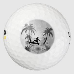 Surfen, surfplank met palm en bloemen golfballen