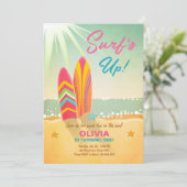 Surfen Verjaardagsuitnodiging Surf Up Beach Girl Kaart (Staand voorkant)