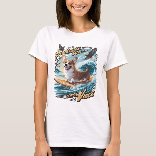 Surfen Welsh Corgi Catching Big Wave T-shirt (Voorkant)