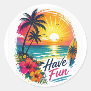 Surfen, Zon & Palmboom – Tropische Zomer Vibes Ronde Sticker