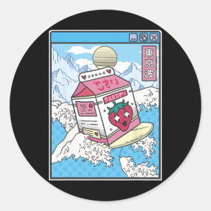 Surfende aardbeien melkpak Japan golf Kawaii V Ronde Sticker