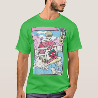 Surfende aardbeienmelkkarton Japan Wave Kawaii V T-shirt