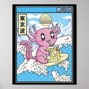 Surfende Axolotl Drinkende Nana Melk Kawaii Anime Poster
