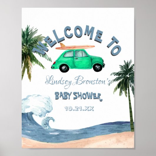 Surfende Baby shower van de Kokosnootboom Blauw st Poster (Voorkant)