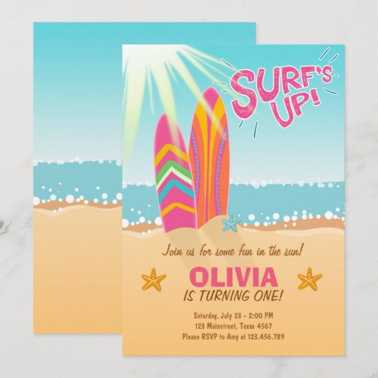 Surfende dag Uitnodiging Surf op strandmeisje (Voorkant / Achterkant)