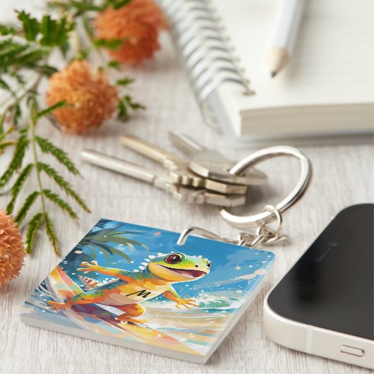 Surfende gekko die de golven berijdt sleutelhanger (Voorkant Rechts)