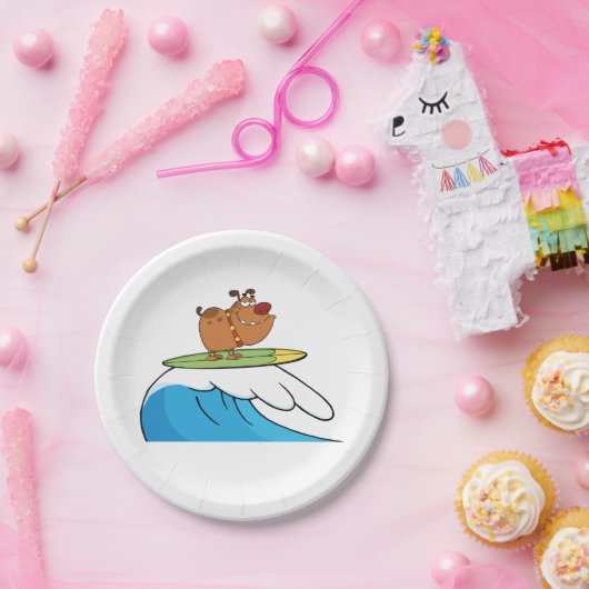 Surfende hond papieren bordje (Feest)