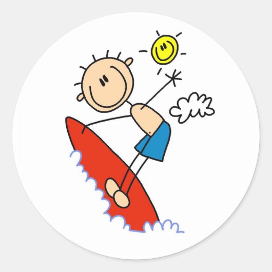 Surfende Jongen Stick Figure Ronde Sticker (Voorkant)