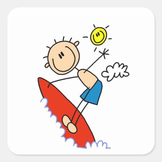 Surfende Jongen Stick Figure Vierkante Sticker (Voorkant)