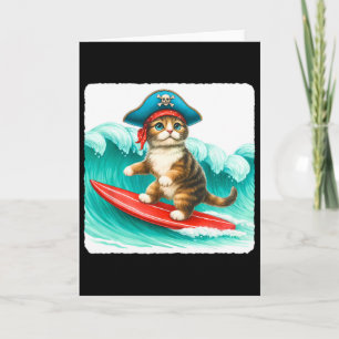 Surfende kat met piratenhoed op surfplank. Golven Kaart