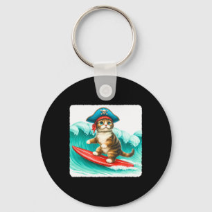 Surfende kat met piratenhoed op surfplank. Golven  Sleutelhanger