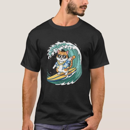 Surfende kat met zonnebril grappig ontwerp t-shirt (Voorkant)