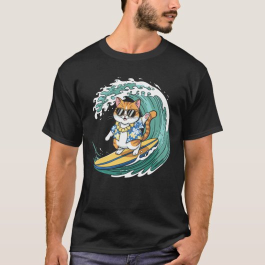 Surfende kat met zonnebril grappig ontwerp t-shirt (Voorkant)