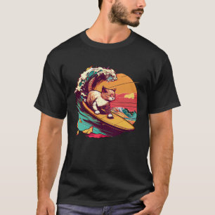 Surfende Kat Retro Vintage Zonsondergang Strand Zo T-shirt