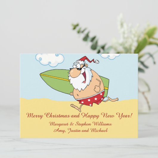 Surfende kerstman feestdagenkaart (Staand voorkant)