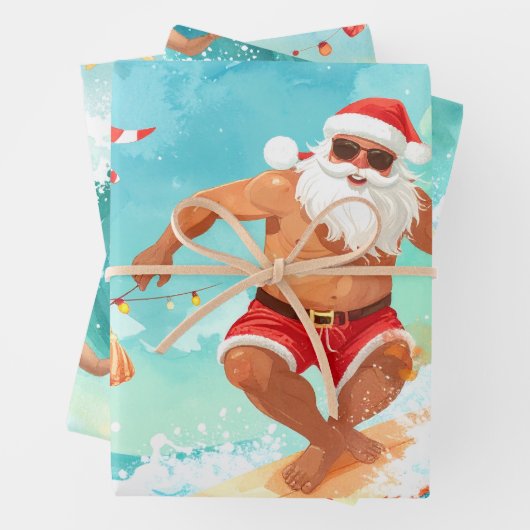 Surfende Kerstman Inpakpapier Vel (In situ)