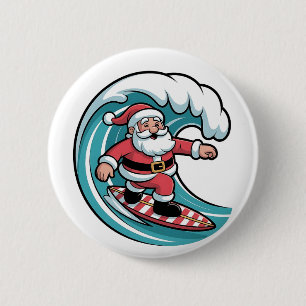 Surfende Kerstman Kerst Surfer Vakantie Strand  Ronde Button 5,7 Cm