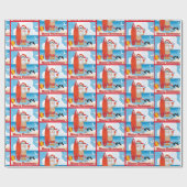 Surfende kerstman op doorsnee kerst cadeaupapier (Vlak)