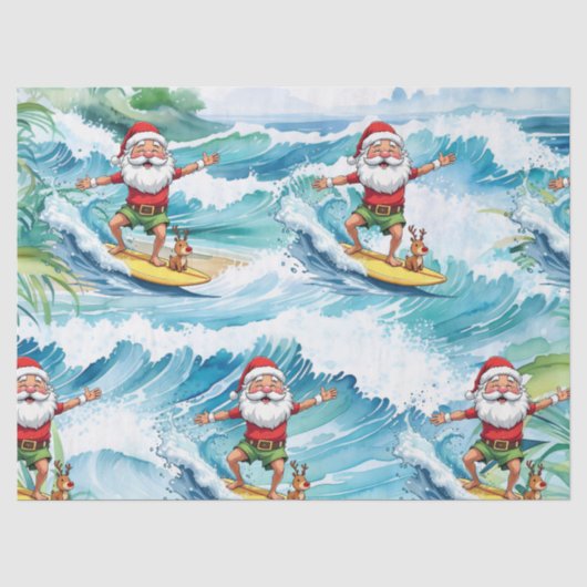 Surfende Kerstman op grote golf in Hawaï Tissuepapier (Voorkant)