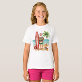 Surfende Kerstman op het strand Kerstfeest T-shirt (Voorkant volledig)