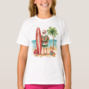 Surfende Kerstman op het strand Kerstfeest T-shirt