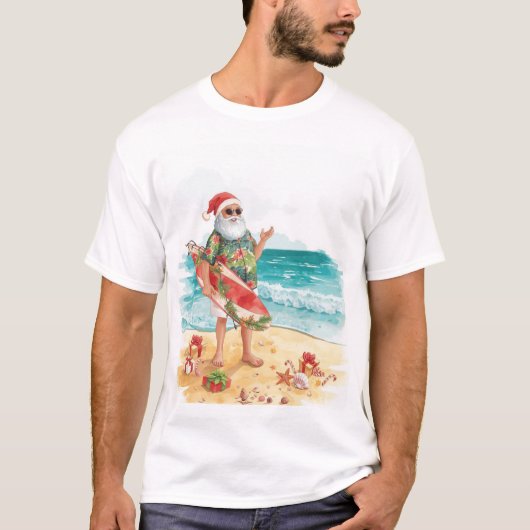 Surfende Kerstman op het strand Kerstfeest T-shirt (Voorkant)