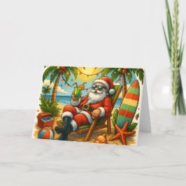 Surfende Kerstman op Tropisch Strand Kerstmis Feestdagen Kaart