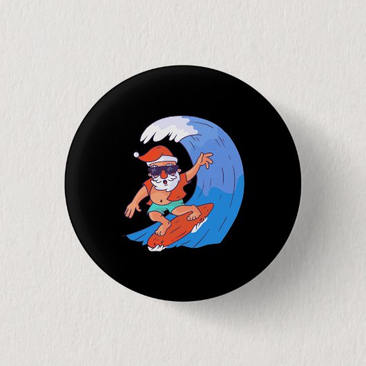 Surfende kerstman ronde button 3,2 cm (Voorkant)