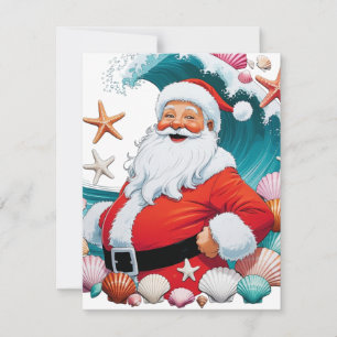 Surfende Kerstman Schelpengolf Plat Vakantie Kerst Feestdagenkaart