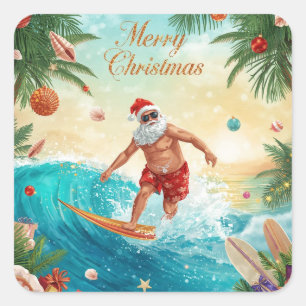 Surfende Kerstman Vrolijk Kerstfeest Kust Kerstvak Vierkante Sticker