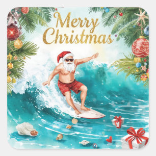 Surfende Kerstman Vrolijk Kerstfeest Kust Vakantie Vierkante Sticker