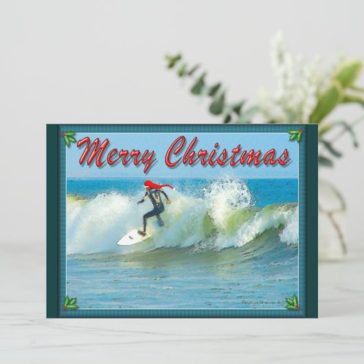 Surfende kerstuitnodiging kaart (Staand voorkant)