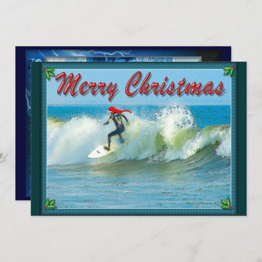 Surfende kerstuitnodiging kaart (Voorkant / Achterkant)