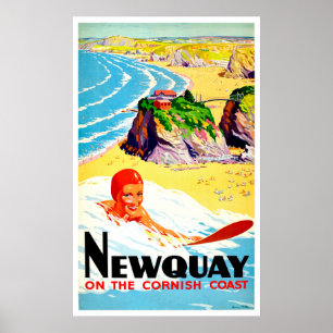 Surfende meid op Newquay strand, Cornwall, vintage Poster