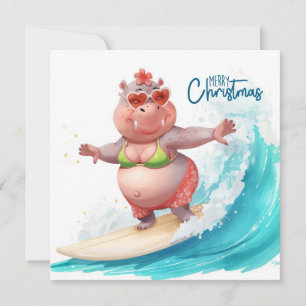 Surfende Nijlpaard Bikini Kerstmis Feestdagenkaart