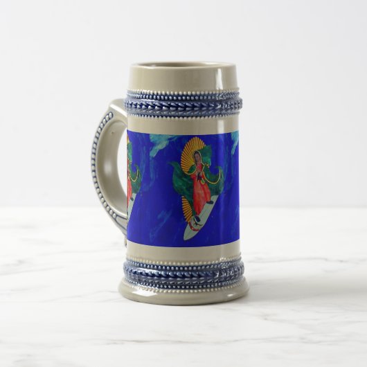 Surfende nonnen op Blue Wave Beer Stein Bierpul (Voorkant links)