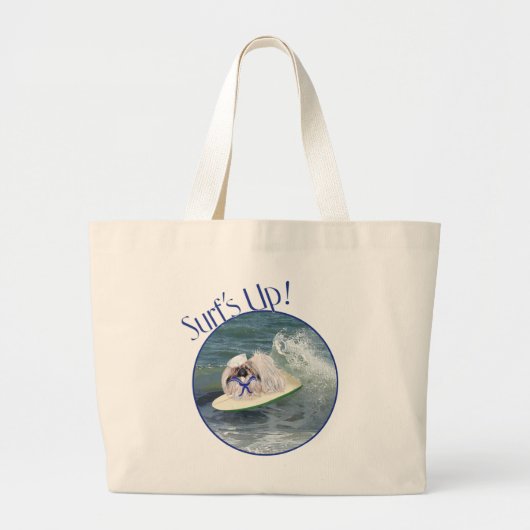Surfende Pekingees Hond Grote Tote Bag (Voorkant)