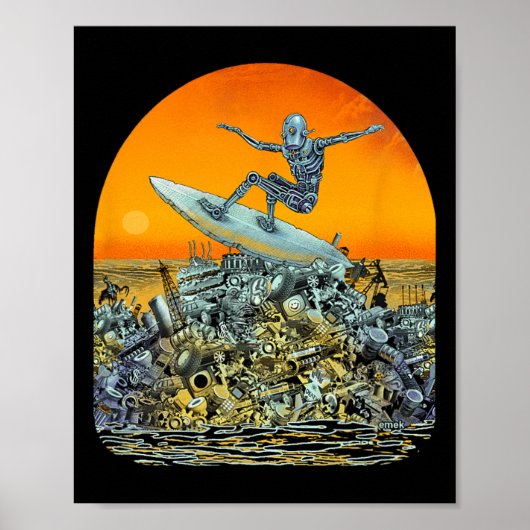 Surfende Robot Junk Surfer - Door Emek Artman Poster (Voorkant)