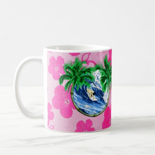 Surfende Roze Hibiscus Koffiemok (Links)
