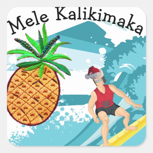 Surfende Santa Mele Kalikimaka Pineapple Vierkante Sticker (Voorkant)