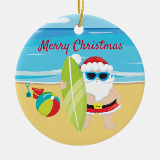 Surfende strand Santa Tropisch Keramisch Ornament (Voorkant)