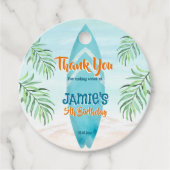 Surfende strandoceaan tropische zomerverjaardag bedankjes labels (Voorkant)