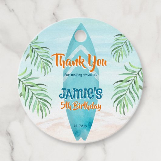 Surfende strandoceaan tropische zomerverjaardag bedankjes labels (Voorkant)