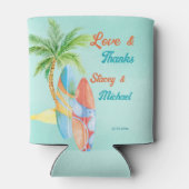 Surfende strandtropen voor bruiloft blikjeskoeler (Achterkant)