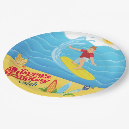 Surfende verjaardag papieren bordje (Gekanteld)