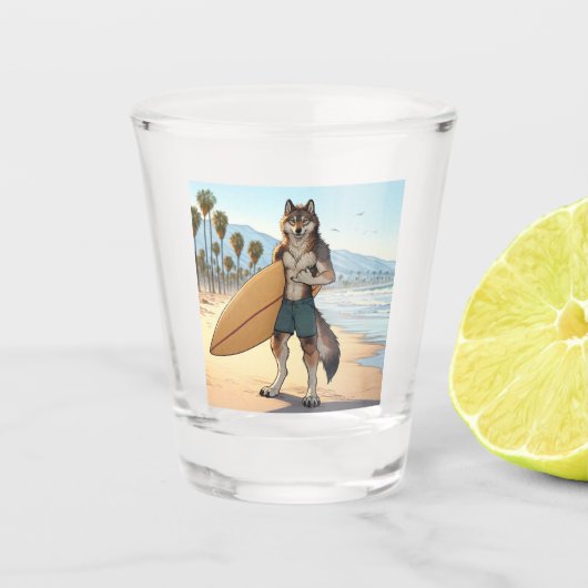 Surfende Wolf Shot Glas (Voorkant)