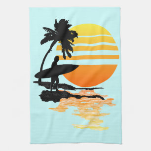 Surfende zonsopgang theedoek