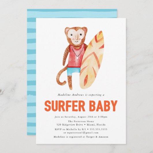 Surfer-Baby | Uitnodiging tot Baby shower (Voorkant / Achterkant)