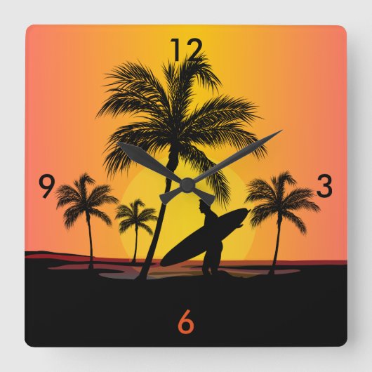 Surfer bij zonsondergang vierkante klok (Voorkant)